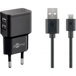 Handy Ladegeräte Goobay Micro USB Dual Ladeset 2,4 A, Ladegerät (schwarz)