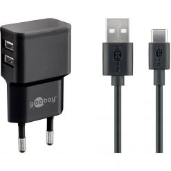 Handy Ladegeräte Goobay USB-C Dual Ladeset 2,4 A, Ladegerät (schwarz)