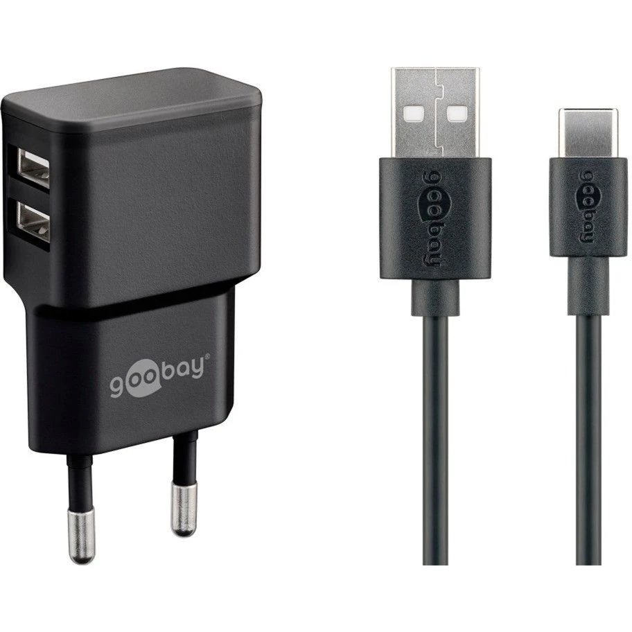 Handy Ladegeräte Goobay USB-C Dual Ladeset 2,4 A, Ladegerät (schwarz)